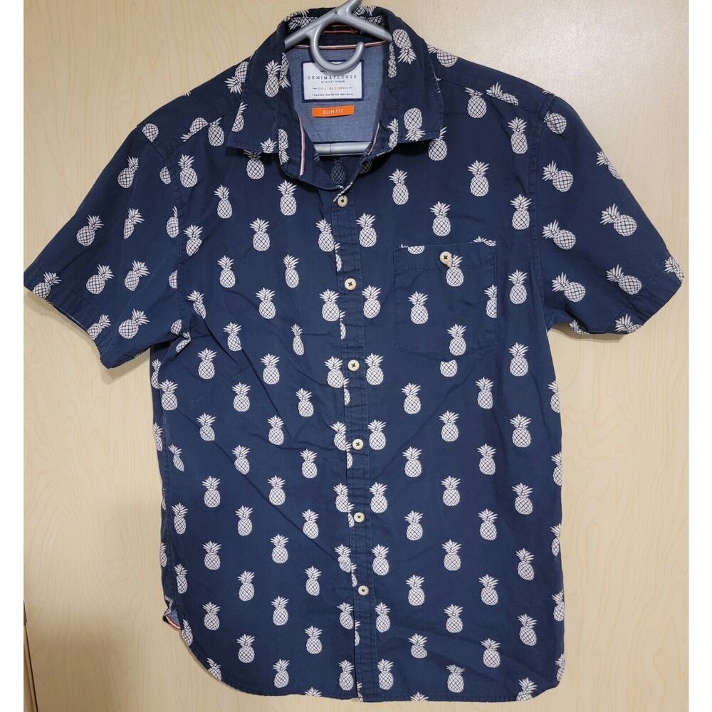 Denim & Flowers Men's Button Down Short Sleeve Shirt Black Pineapple Slim Fit S